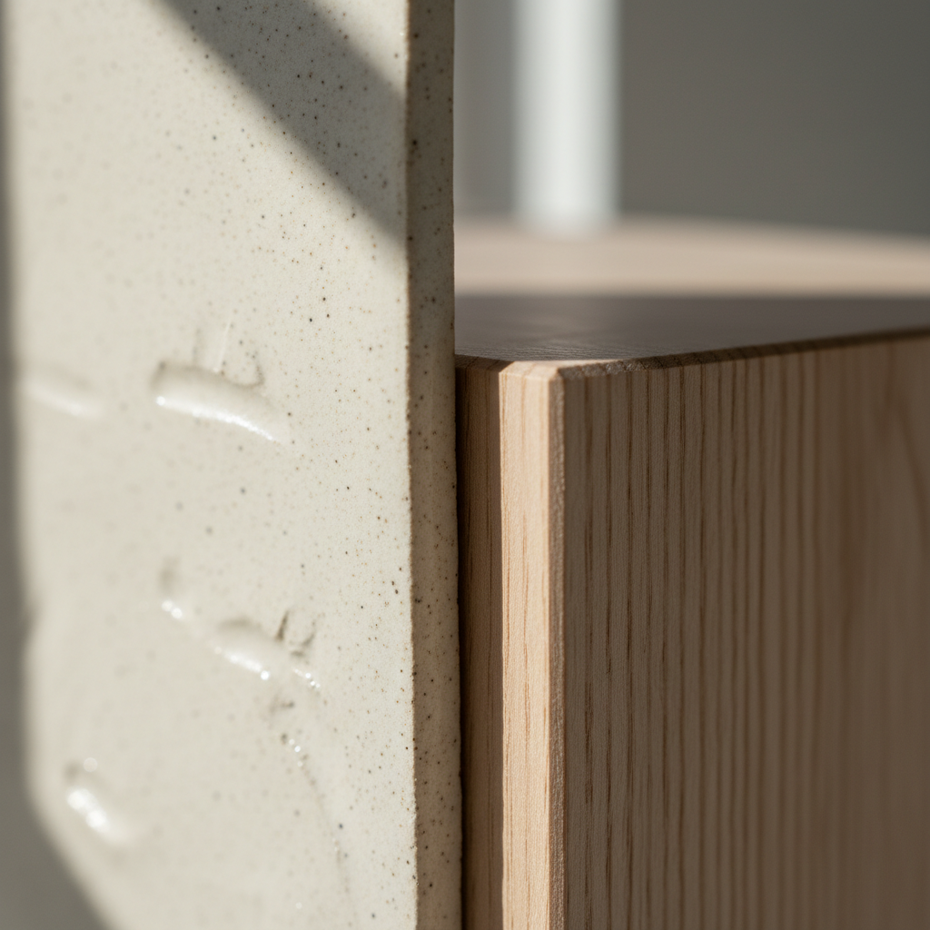 A close-up photographic study of textures where ceramic and wood meet: a vertical composition showing the junction between a thick, hand-built stoneware slab and a precisely planed piece of light ash. The stoneware has a subtle, satin glaze in warm off-white with tiny iron speckles and faint finger marks, while the ash reveals clean, parallel grain lines and a beveled edge. Side lighting from a nearby window rakes across both materials, accentuating micro-textures and casting a crisp shadow into the joint, hinting at meticulous joinery. The background is softly blurred, a neutral gray that disappears behind the detail. Framed tightly and shot at a slight angle with shallow depth of field, the mood is refined and analytical, ideal for highlighting craftsmanship and material dialogue on a portfolio site.