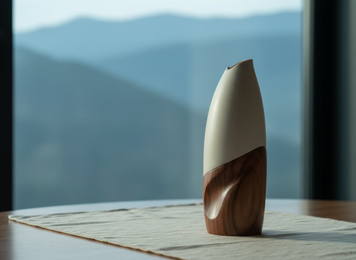 A photographic still life of a single, elongated ceramic vessel seamlessly joined to a sculpted wooden base, placed on a linen-covered table near a window. The vessel is matte, off-white stoneware with faint speckles and a delicate, asymmetrical lip, while the base is carved from dark chestnut, showcasing flowing grain that echoes the vessel’s contour. Cool morning light from the window enters from the left, creating a gentle gradient across the ceramic and a glossy sheen on the wood’s curves. The background shows a soft-focus view of distant Pyrenean slopes through the glass, in muted blue-greens. Composed with the piece slightly off-center using the rule of thirds, and a shallow depth of field, the mood is poetic, serene, and sophisticated, emphasizing the quiet dialogue between landscape and object.