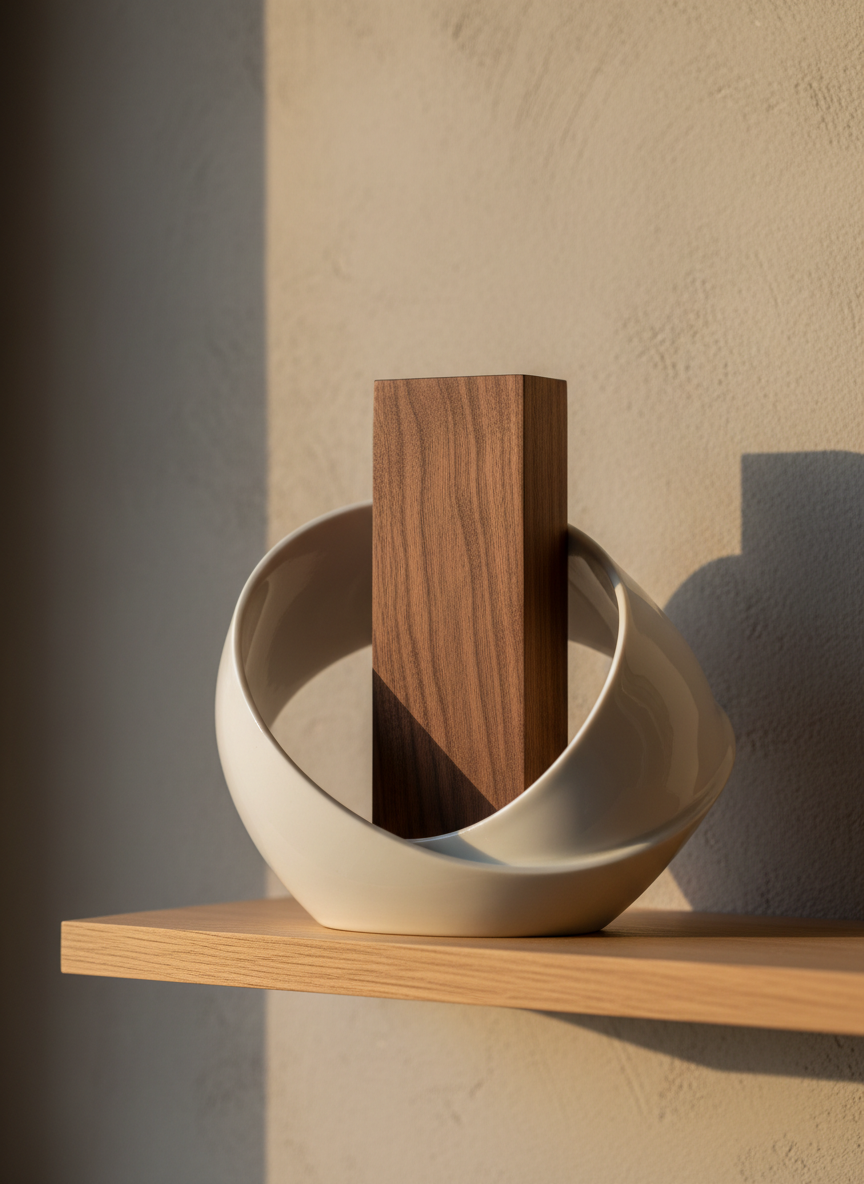 A close-up photographic image of a refined ceramic and wood sculpture displayed on a narrow oak shelf against a soft, warm-gray plaster wall. The sculpture combines smooth white porcelain curves with a vertical insert of richly grained walnut, the contrast between silky glaze and matte wood inviting touch. Late afternoon light from an unseen window grazes the piece from the left, carving gentle shadows into the wood grain and creating delicate highlights on the ceramic edges. The background falls into a subtle blur, suggesting a calm studio. Composed at eye level with a shallow depth of field and centered subject, the mood is sophisticated, contemplative, and minimal, evoking the poetic dialogue between clay and timber in a Pyrenean atelier.