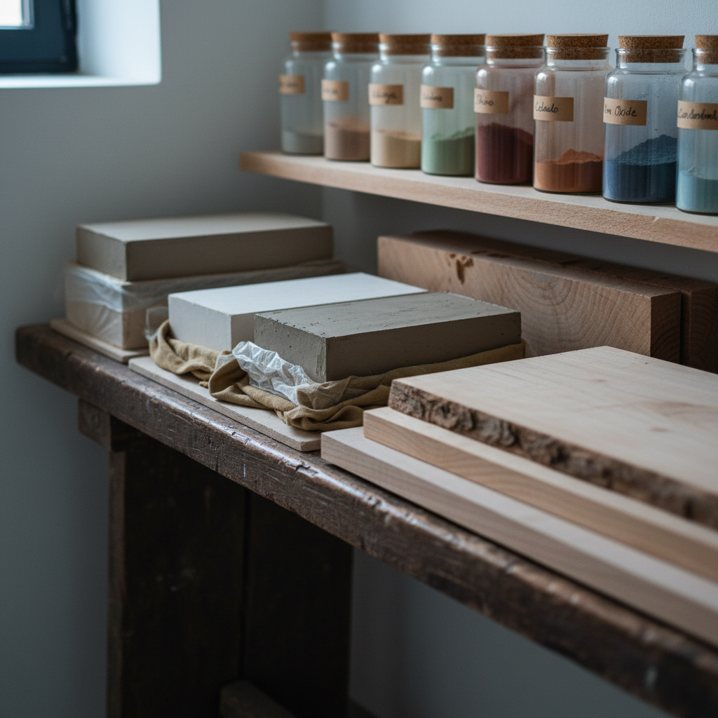 An intimate photographic scene of a carefully arranged materials corner in a Pyrenean ceramics workshop, focused on raw potential. On a low, dark wooden bench rest several blocks of moist, wrapped stoneware and porcelain, alongside stacked boards of locally sourced beech and walnut, their end grains clearly visible. Above, a narrow shelf holds labeled jars of glazes in powdered form, each with a subtle hue. Soft, cool morning light from a small, high window creates gentle, diffused illumination, with delicate shadows under the jars and along the bench edge. The composition is shot at eye level with a slight angle, using shallow depth of field to keep the focus on the interplay of raw clay and wood. The atmosphere is quiet, anticipatory, and sophisticated, emphasizing process and origin rather than finished perfection.
