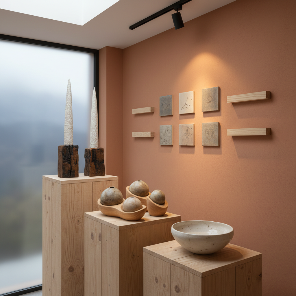 A wide photographic view of a small exhibition corner in a mountain studio, where a curated selection of ceramic and wood sculptures is arranged on staggered plinths made from raw pine. The pieces vary: tall slender porcelain towers anchored in charred oak bases, rounded stoneware forms cradled by smoothly carved beech cradles, and a few minimal wall-mounted ceramic tiles paired with narrow wooden ledges. The rear wall is a soft, warm clay color, complementing the work. Indirect, diffused natural light from a concealed skylight bathes the scene, with a discreet track spotlight creating gentle highlights on key pieces. Composed with asymmetrical balance and moderate depth of field, the image feels like a quiet gallery in the Aragonese Pyrenees, elegant, thoughtful, and perfect for showcasing a refined portfolio.