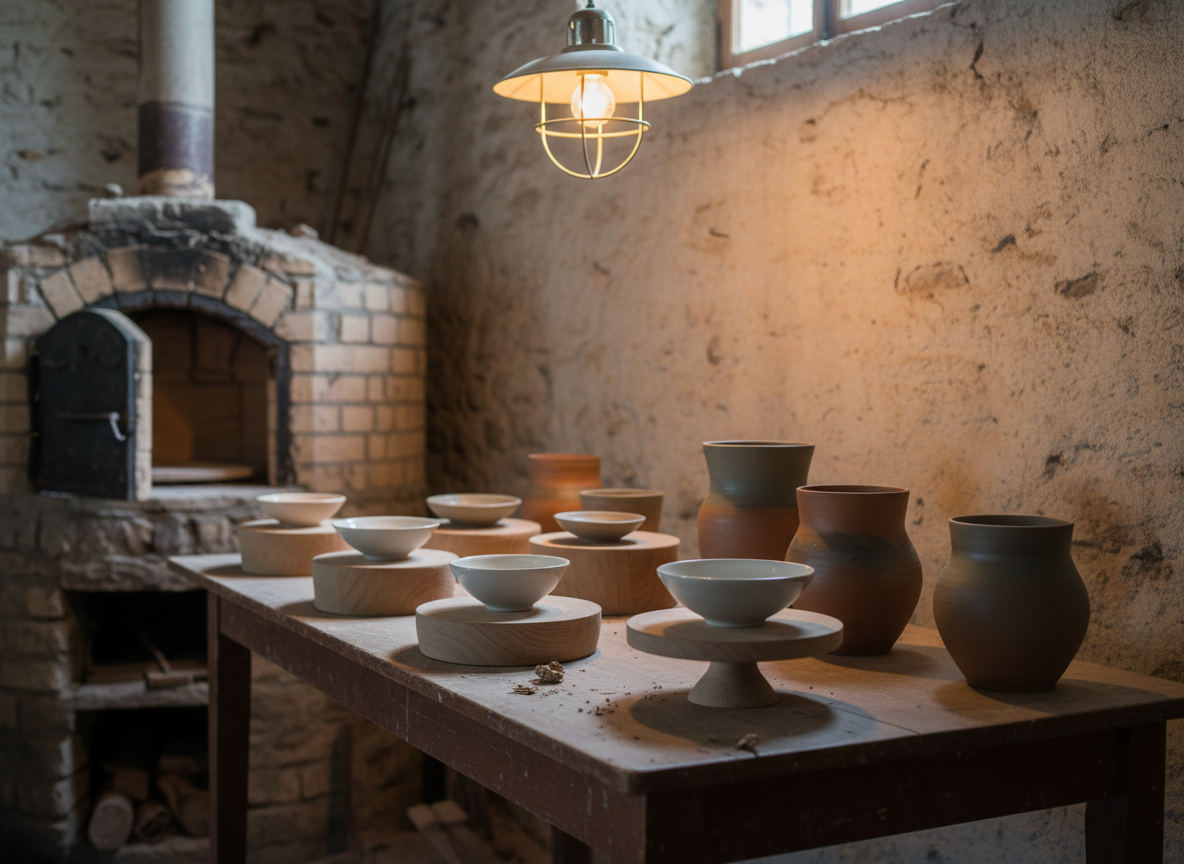 An atmospheric photographic view of a kiln corner in a mountain ceramics workshop, featuring a group of freshly fired pieces cooling on a simple, dark-stained wooden table. The ceramics vary from thin porcelain bowls with translucent, milky glazes to thicker stoneware forms with satin, earth-toned surfaces, some nestled on custom-carved wooden pedestals. The back wall is rough, pale stone, hinting at the Pyrenean setting. Soft overcast daylight filters through a high window, with a single warm overhead lamp adding gentle golden highlights on the rims. Shot at a three-quarter angle with moderate depth of field, the composition follows the rule of thirds, emphasizing the transition from raw stone wall to refined objects. The mood is hushed, reverent, and subtly dramatic, honoring the alchemy of fire and material.