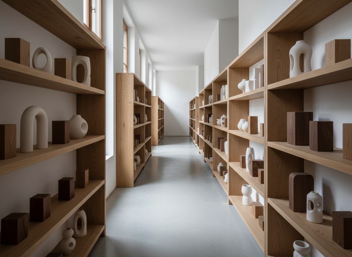 A narrow, high photographic view down a quiet corridor of open wooden shelving in a Pyrenean ceramic studio. Each shelf holds meticulously arranged sculptures that pair pale, silky porcelain with warm, oiled oak and walnut blocks, some pieces incorporating negative space and gentle arches. The floor is smooth, light concrete, and the walls are a muted, chalky white, giving the objects center stage. Soft side light from tall windows on the left creates a rhythmic pattern of light and shadow across the shelves, emphasizing textures in both clay and wood. Shot with a slightly wide-angle lens and strong linear perspective, the image draws the viewer’s eye toward a softly blurred, bright end of the corridor. The mood is contemplative, gallery-like, and sophisticatedly minimal.