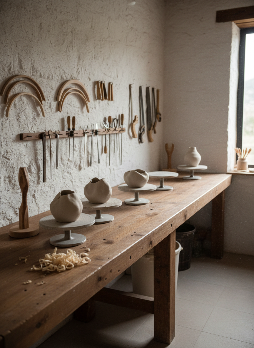 A long, rustic wooden workbench in a serene ceramics studio in the Aragonese Pyrenees, photographed in natural photographic realism. On the worn but carefully maintained surface rest several unfinished stoneware vessels, a few carved wooden bases, and scattered fine shavings of pale beech. Behind, a whitewashed wall holds neatly arranged tools: wooden ribs, metal trimming tools, and small Japanese saws. Soft, diffused mountain light enters from a large window on the right, casting elongated, subtle shadows and revealing dust motes in the air. The composition is shot from a slightly elevated angle with a wide frame, leading the eye along the bench’s length. The atmosphere is quiet and sophisticated, conveying slow craftsmanship and attentive making rather than cluttered productivity.