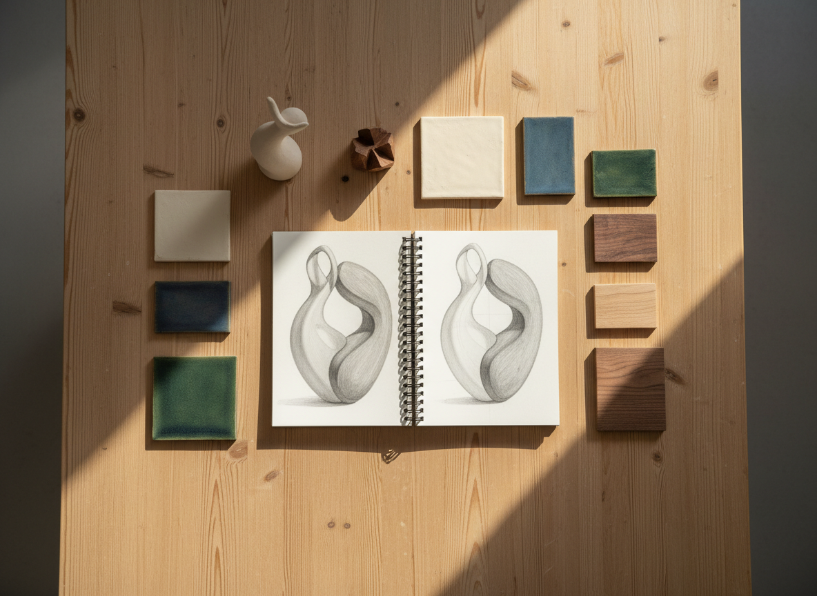 A top-down photographic composition of a ceramics and wood design process laid out on a broad, honey-toned pine table. At the center lies a spiral-bound sketchbook open to precise pencil drawings of hybrid ceramic-wood sculptures. Around it are arranged clay test tiles with different glazes—ivory, slate blue, moss green—and small offcuts of walnut, ash, and cherry showing varied grains. A single, elegantly shaped bisque-fired piece and a carved wooden maquette rest near the top of the frame. Soft midday light from a skylight above washes the scene evenly, with subtle, crisp shadows defining edges. The atmosphere is thoughtful and refined, emphasizing design thinking and material research rather than mess. The photographic realism and carefully balanced composition convey a sophisticated atelier in the Aragonese Pyrenees.